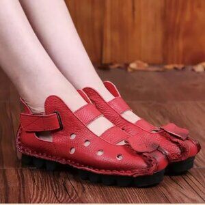 Soft Bottom Flat Genuine Leather Walking Shoes - Red - Size 6.5-7
